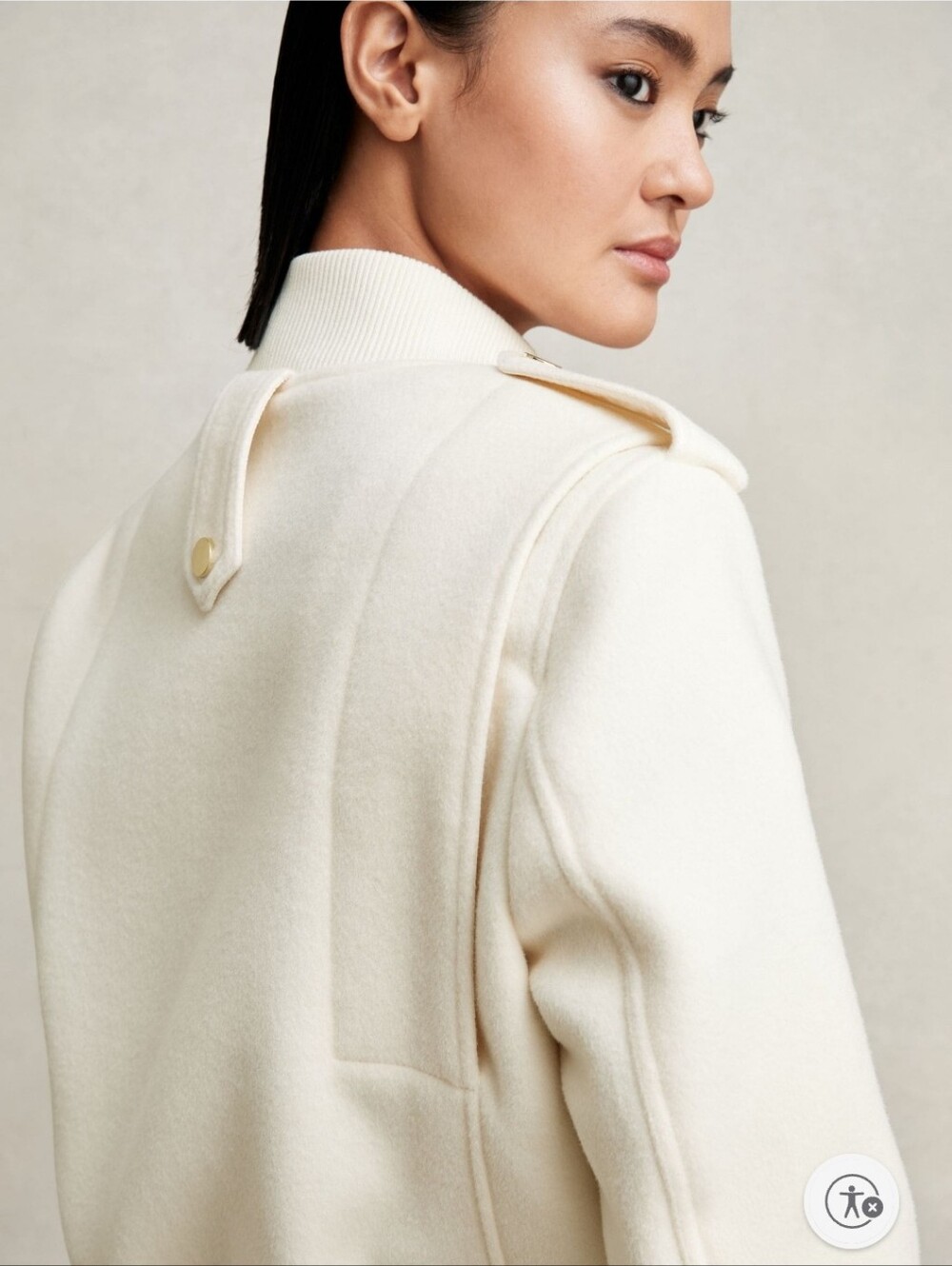 New. No Tag, Epaulette Bomber Jacket Cream with Gold Hardware, Brush Wool. - Picture 4 of 7